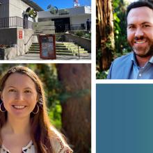 collage with headshots of the two public programs managers, a blue-green gradient, and the County of Napa library
